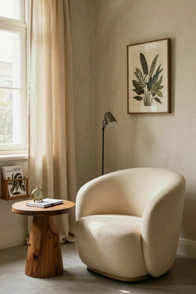 Cream curved armchair next to a tapered wooden side table with a notebook, clock, and magazine holder, in a beige room with sheer curtains over a window and a fern artwork on the wall.