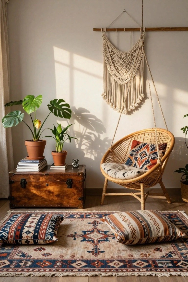 Bohemian room with macramé chair, patterned rug, and potted plants.