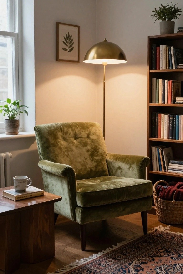 Green velvet tufted armchair in a light-filled corner next to wooden bookshelves, a gold floor lamp, potted plants, a side table with a book and teacup, and a woven basket on a patterned rug.
