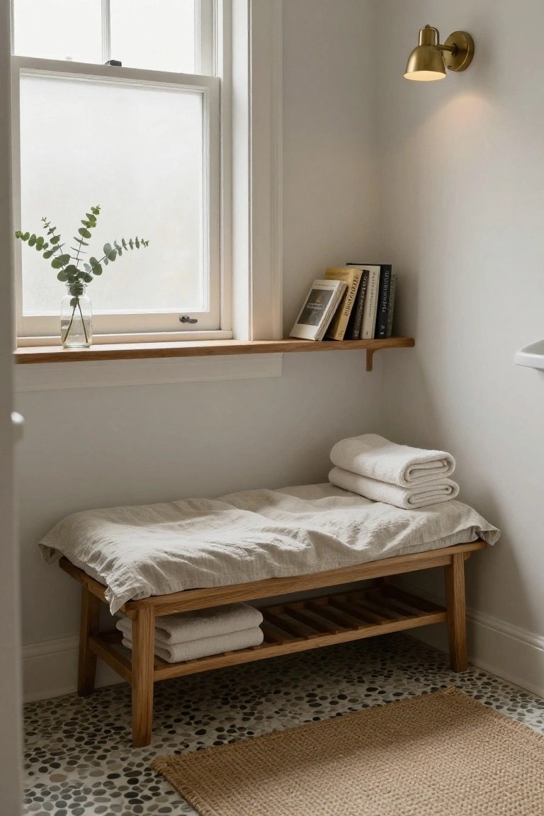 White bathroom corner with wooden bench draped in linen under a window ledge shelf holding books and eucalyptus jar, stacked white towels on bench and shelf, brass wall lamp, and pebble tile floor with seagrass rug.