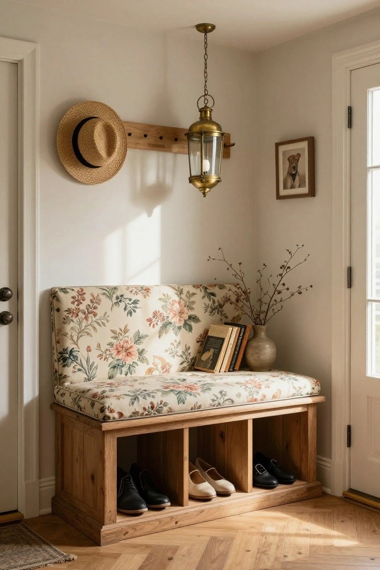 Wooden bench with floral-patterned upholstery in a light entry corner, open shelves below holding pairs of shoes, books and vase on the seat, brass lantern overhead, straw hat on wall hook, and glass door nearby.