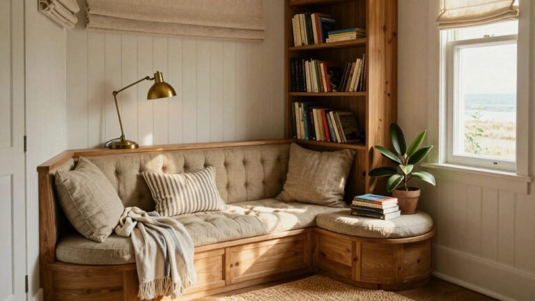 Wooden built-in bookshelf unit in room corner with tufted beige bench cushion, multiple shelves holding books and potted plants, brass wall lamp, striped pillow, and window with shade nearby.