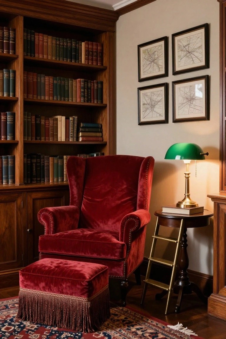 Wood-paneled library room featuring tall bookshelves filled with books, a red velvet wingback armchair with matching ottoman, a green banker's lamp on a small round table with library ladder sides, framed maps on the wall, and an oriental rug on the floor.