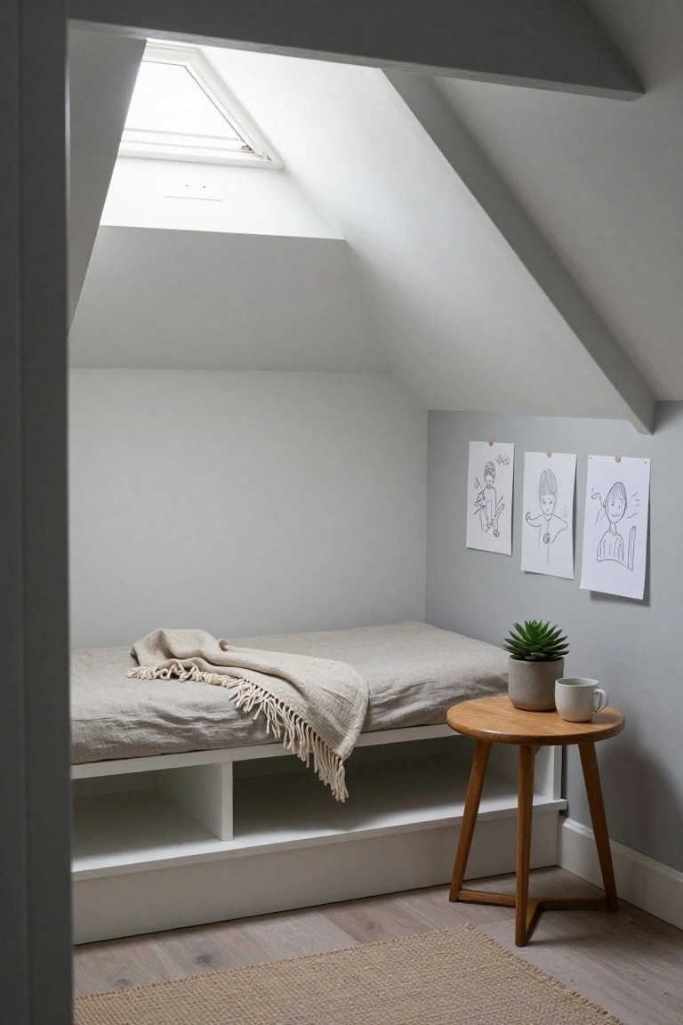 Attic room with low built-in daybed under sloped white ceiling, open storage cubbies underneath, beige linen throw on bed, three children's pencil drawings pinned to wall, small wooden side table holding potted succulent and white mug, light oak flooring, and skylight above.