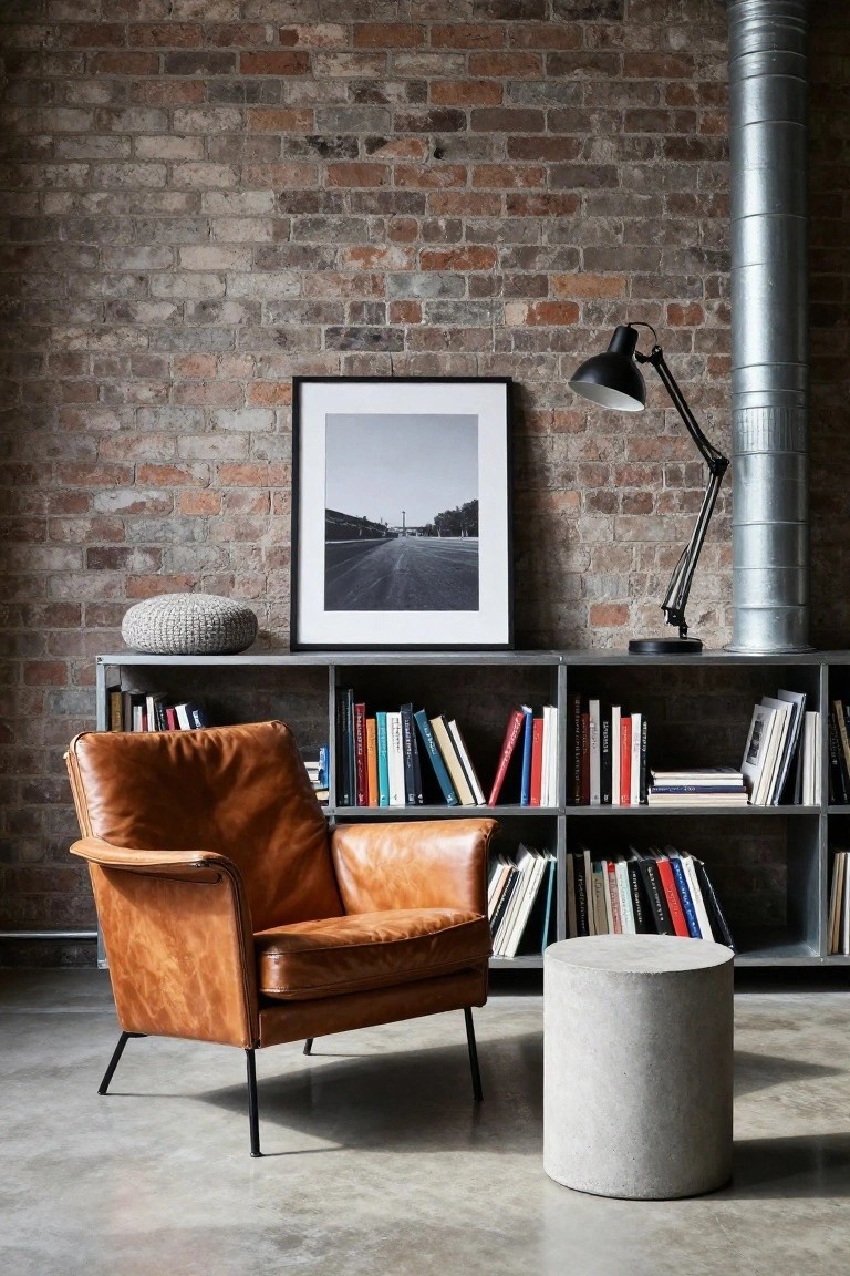Tan leather armchair with black metal legs positioned in front of open gray metal bookshelves filled with books against an exposed brick wall, with a black adjustable lamp, framed black-and-white photo, knitted pouf on shelf, and concrete stool nearby.