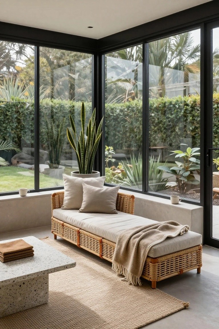 Corner indoor lounge with beige rattan daybed, pillows, and throw blanket next to white terrazzo table, large black-framed windows overlooking garden with palms, succulents, snake plant in gray pot, and beige rug on concrete floor.