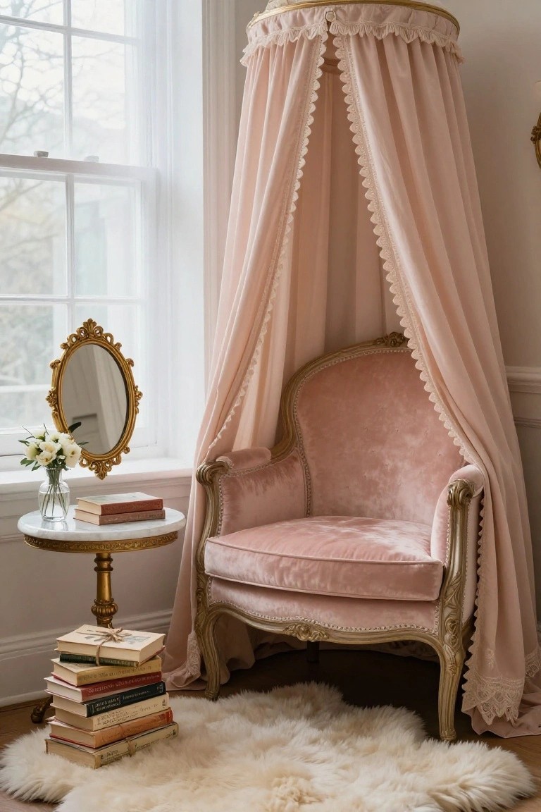 Pink velvet armchair with ornate gold frame under a sheer pink canopy beside a window, gold oval mirror with white flowers on a marble-topped gold table stacked with books, and white shag rug on wood floor.