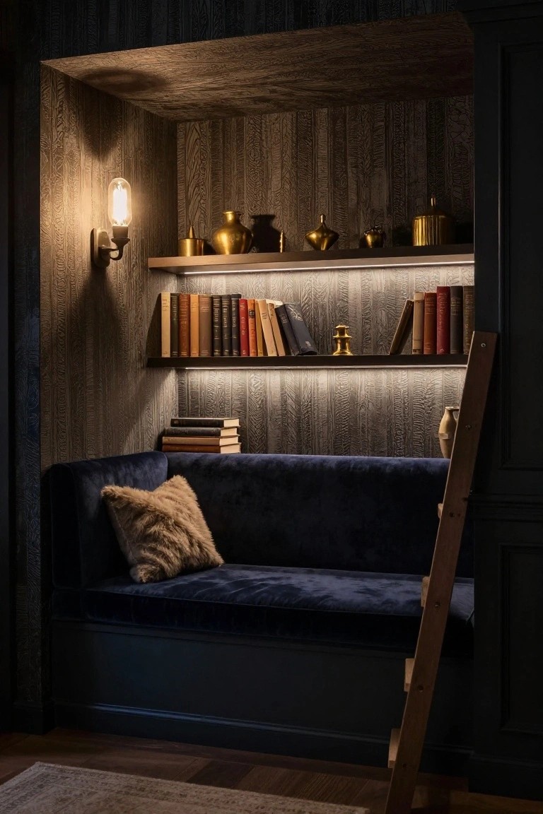 Dark wood-paneled alcove with LED-lit bookshelves, wooden ladder, brass vessels and candlestick, navy velvet bench with fur pillow, wall sconce, and wood floor rug.