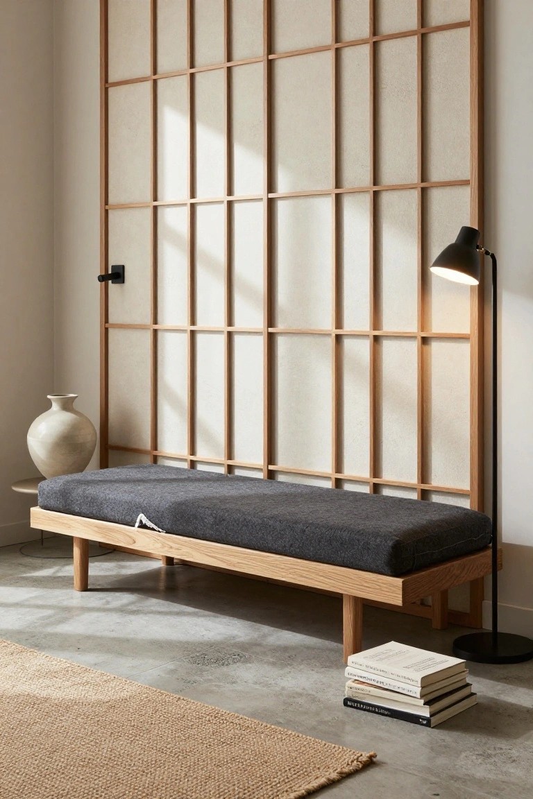 Wooden bench with gray wool cushion positioned in front of tall shoji screen wall in a minimalist indoor room with floor lamp, ceramic vase, stack of books, and seagrass rug on concrete floor.
