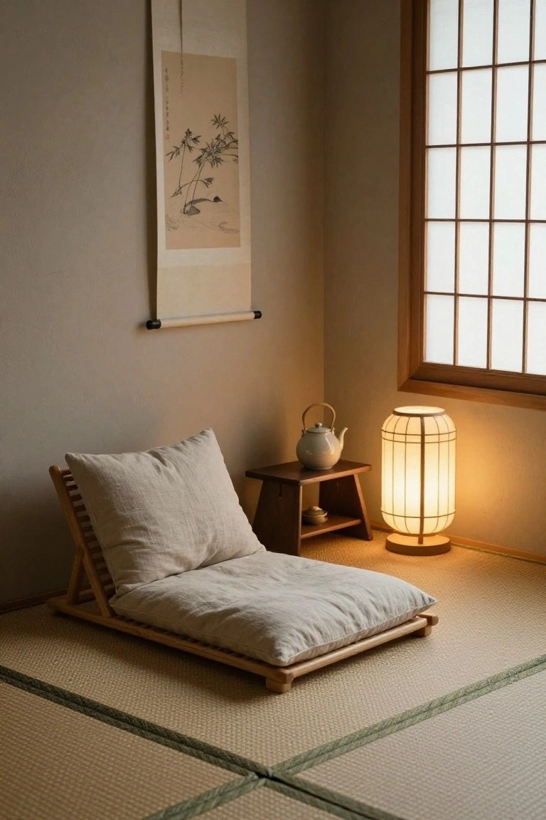 A minimalist Japanese room corner with low folding wooden chair and beige cushions on tatami mats, beside small wooden stool with white teapot and cylindrical paper lamp, shoji screen window, and hanging ink scroll of bamboo on beige wall.