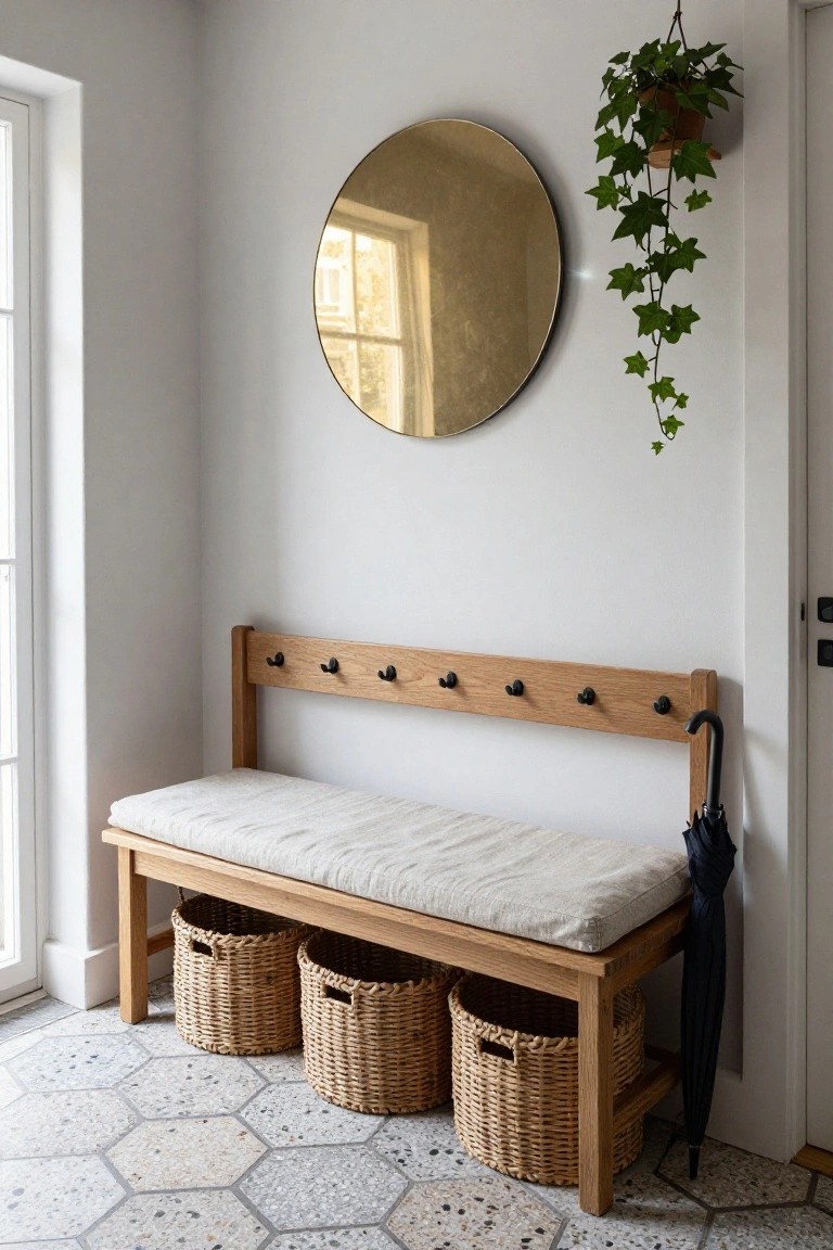 Wooden bench with cushion, baskets, umbrella, and round mirror.