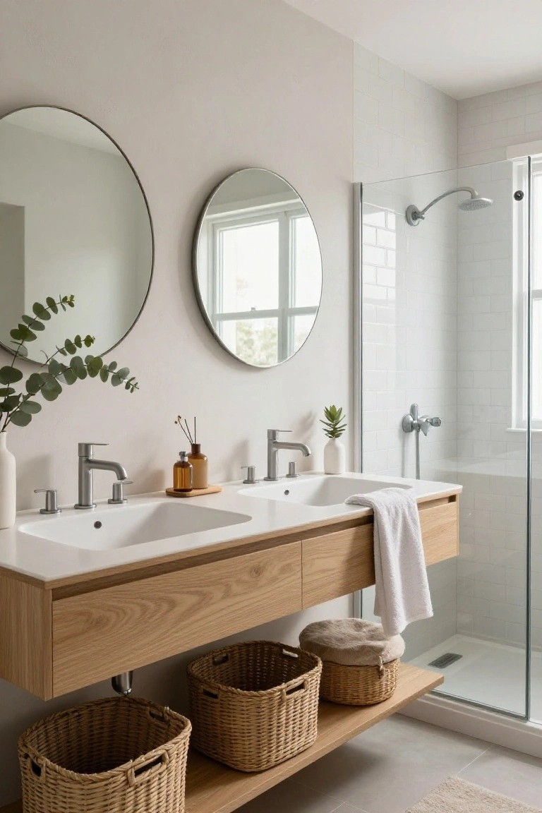 Modern bathroom with floating light oak wood vanity holding two white undermount sinks, flanked by round mirrors, eucalyptus in vase, small plants, woven baskets on shelf below, and glass shower enclosure with white subway tile walls.