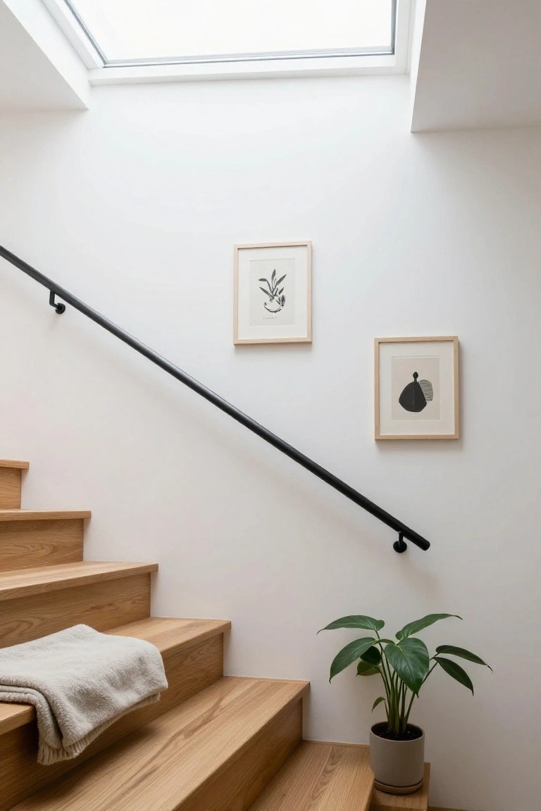 Minimalist indoor stairwell with light oak wooden steps, black metal handrail on white walls, two small framed abstract artworks, a potted green plant on a stool, a beige blanket draped on lower steps, and a large skylight overhead.