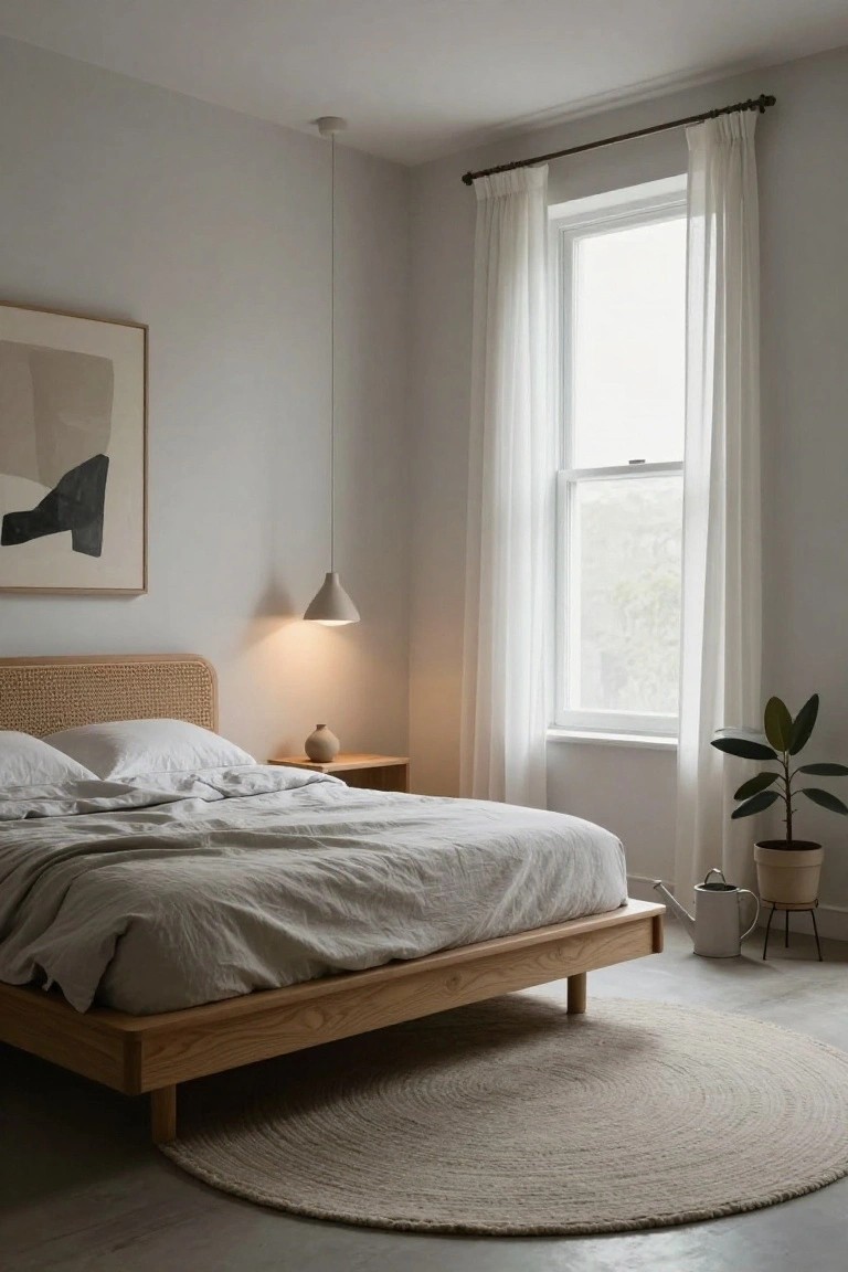 Minimalist bedroom with low oak platform bed and rattan headboard, rumpled white linens, wooden nightstand with vase, pendant lamp, sheer curtains on window with plant outside, potted plant with watering can, and round seagrass rug on light floor.