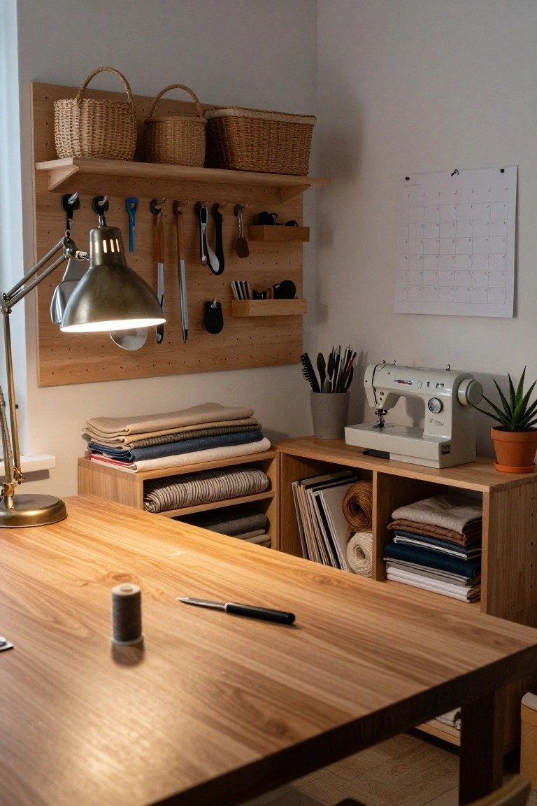 Wooden sewing room interior with pegboard wall storage holding tools and baskets, wooden desk with spool of thread and utility knife, sewing machine on shelf unit stocked with folded fabrics, desk lamp lit warmly.