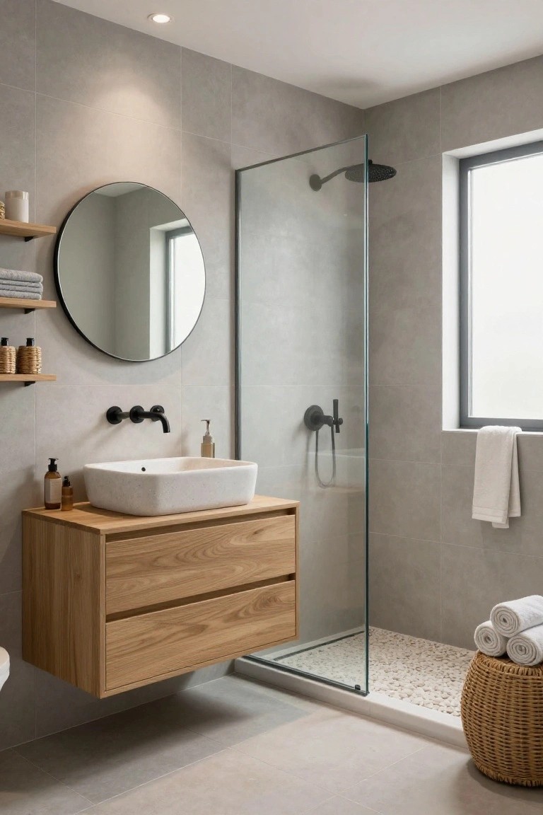 Modern bathroom with light grey tiled walls, floating oak wood vanity under white vessel sink, round black-framed mirror on shelf, glass shower enclosure with black showerhead and pebble stone floor, and wicker stool with towels.