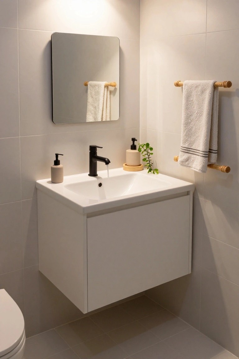 Minimalist bathroom with white tiled walls and floor, floating white sink cabinet with black matte faucet running water, square frameless mirror, wood towel rail holding white towels, small plant on wood saucer, and white toilet in the corner.
