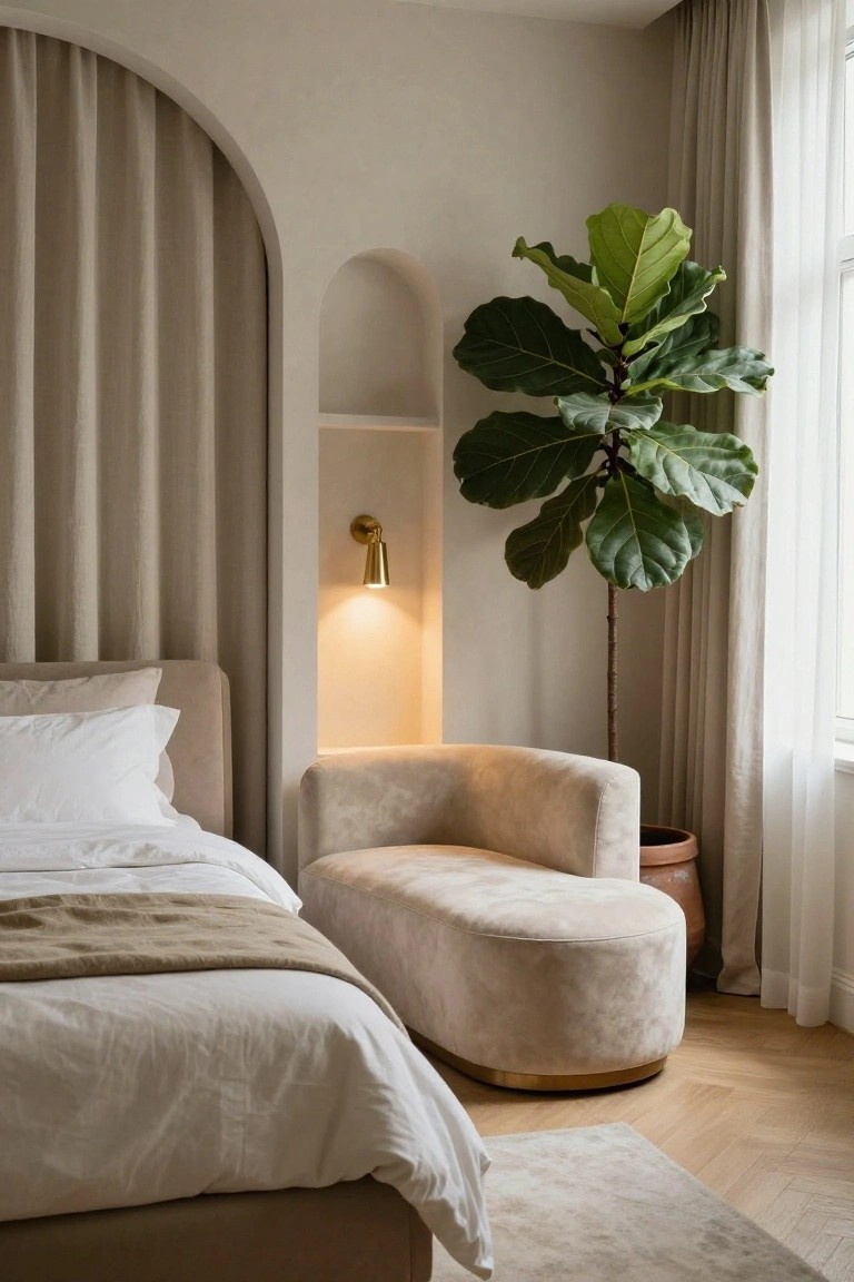 Beige bedroom with upholstered bed, curved chaise lounge next to a large potted ficus tree in a lit arched wall niche, light curtains on arched window, and oak herringbone floors.