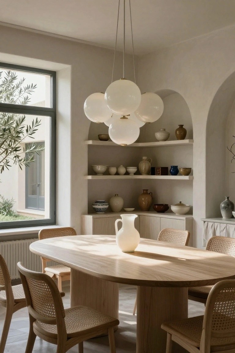 Light wood oval dining table with rattan chairs under white bubble pendant light in a beige room featuring arched wall niches with ceramic pottery and a window with olive tree view.