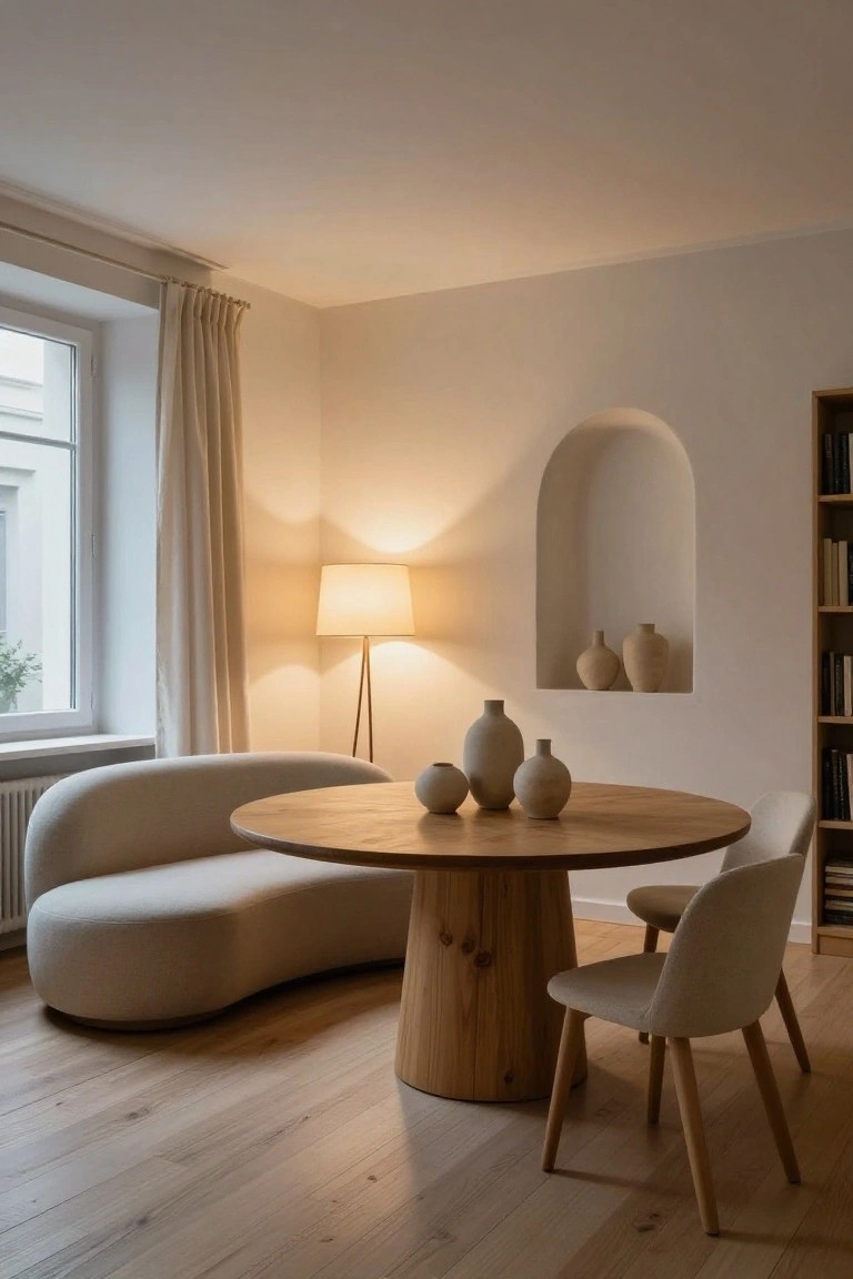 Modern apartment living room corner with curved beige sofa next to round wooden pedestal table topped with ceramic vases, two matching upholstered chairs, tall floor lamp, arched wall niche holding vases and bookshelves, window with curtains, and light oak flooring.