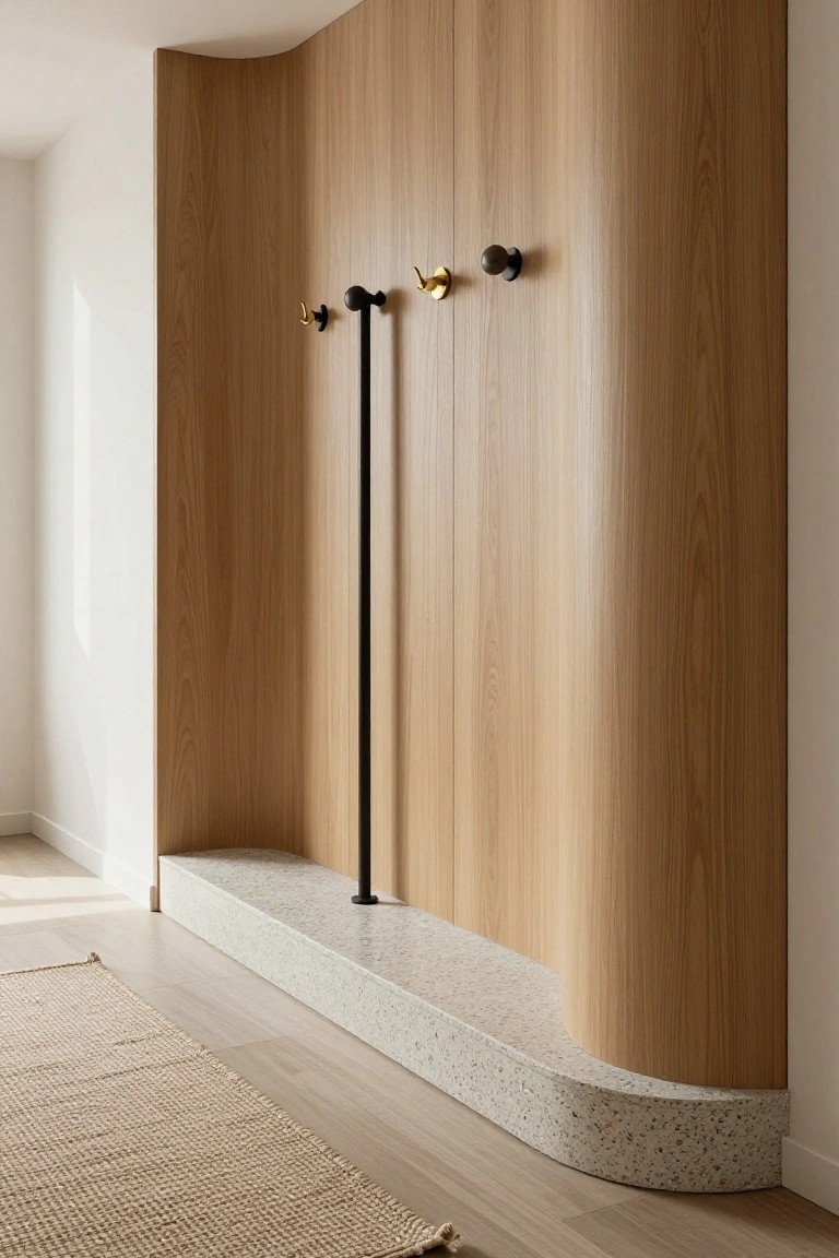 Curved light wood wall in a modern entryway with mounted brass and black coat hooks, a tall black pole, and a white terrazzo plinth at the base next to light flooring and a beige rug.
