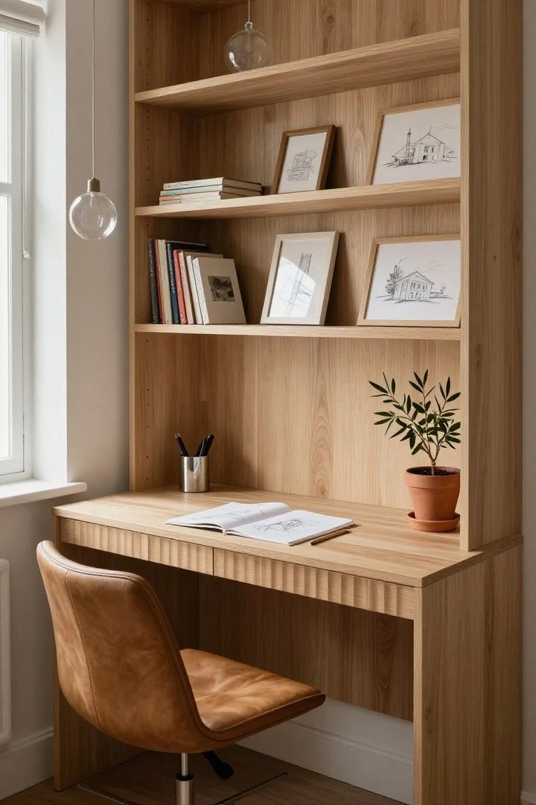 Tall wooden shelving unit integrated with a desk, featuring books, framed ink drawings, a potted olive plant, pens in a metal cup, an open sketchbook, and a tan leather swivel chair in a light room with a window.