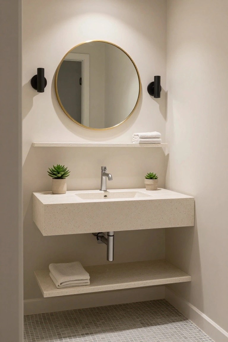 Modern powder room with floating white quartz vanity and faucet under round gold mirror with black sconces, potted succulents on vanity sides, white towels on upper shelf and lower shelf, beige walls, and light mosaic tile floor.