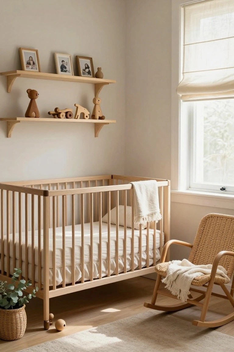 A nursery with pale wooden crib containing white bedding, adjacent wooden rocking chair with throw blanket, shelves holding wooden toys and framed photos, potted eucalyptus plant, and window with linen shade.