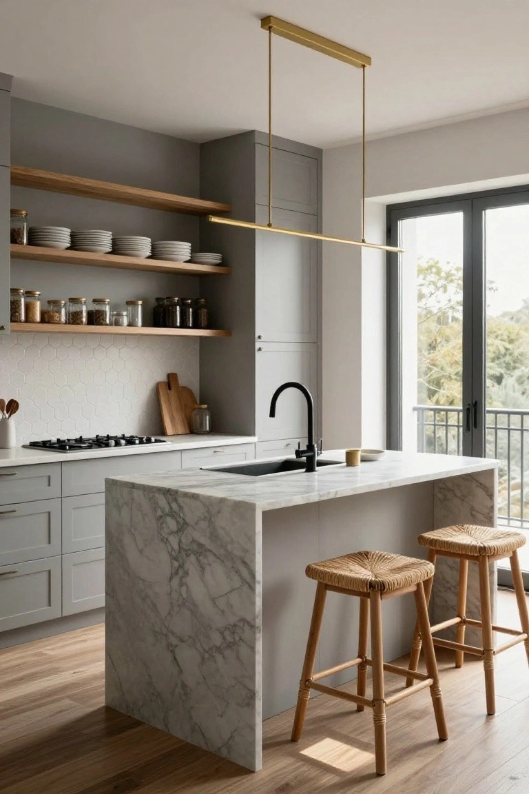 Modern kitchen interior with light gray cabinets, white veined marble-topped island bar, two rattan bar stools, open wood shelving stocked with dishes and jars, gold linear pendant light, and glass balcony doors overlooking greenery.