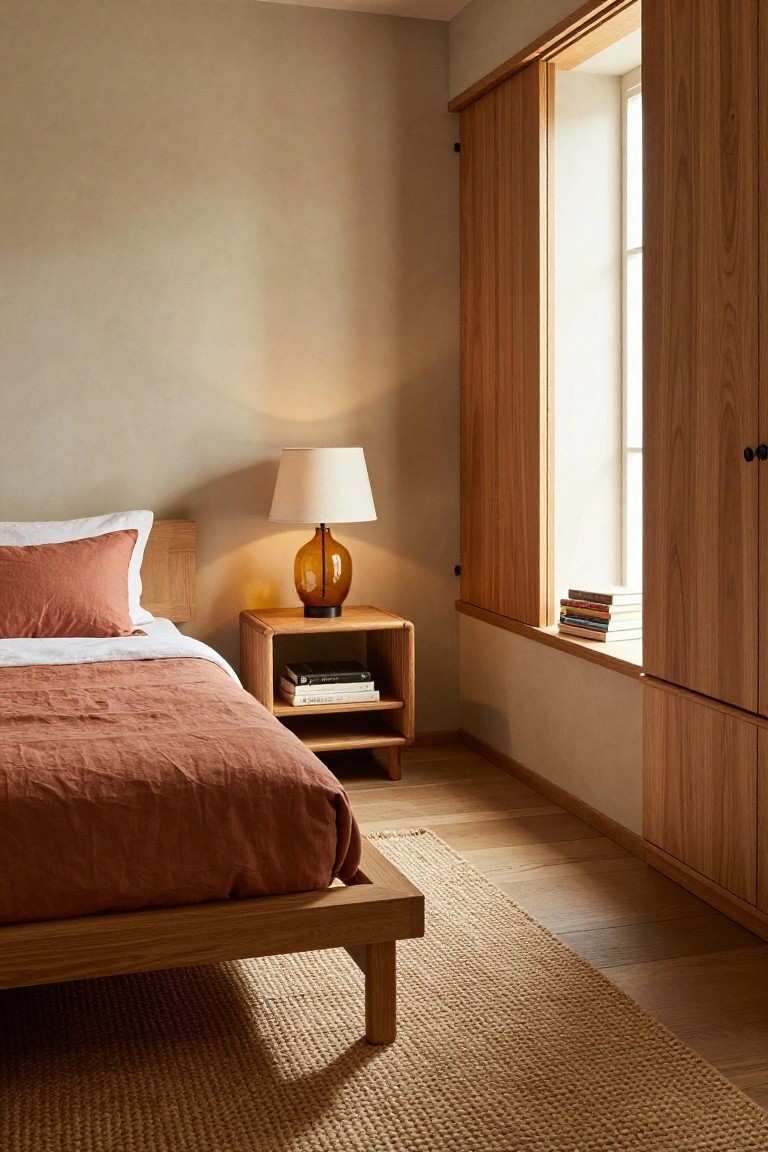 Bedroom interior with low oak platform bed covered in terracotta linens, matching wooden nightstand holding amber glass lamp and books, sliding wooden panels over window, beige walls, and oak flooring with seagrass rug.
