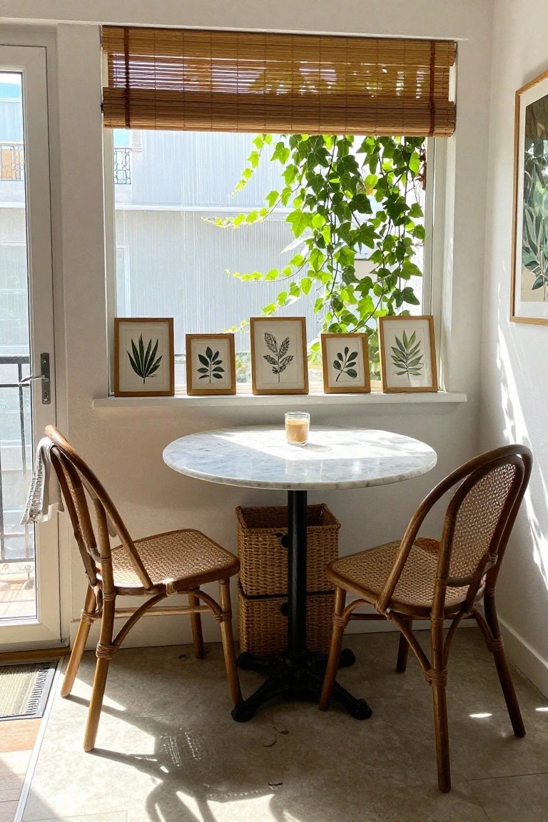 Small round white marble table with two rattan chairs in a sunlit indoor corner, four botanical prints framed on the window sill above, bamboo blinds partially drawn, and green ivy visible outside the window.