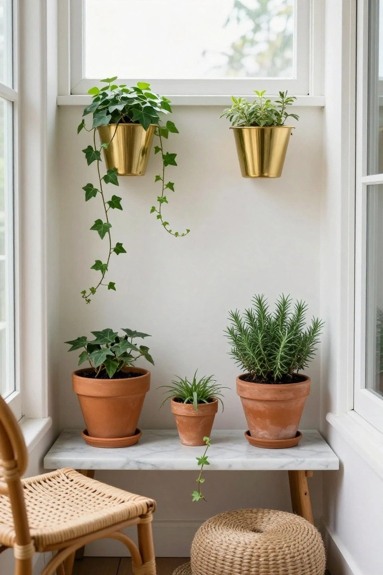 White interior corner with large window, hanging ivy plants in gold pots, potted ivy fern rosemary and spider plant in terracotta pots on marble shelf, rattan chair and woven pouf nearby.