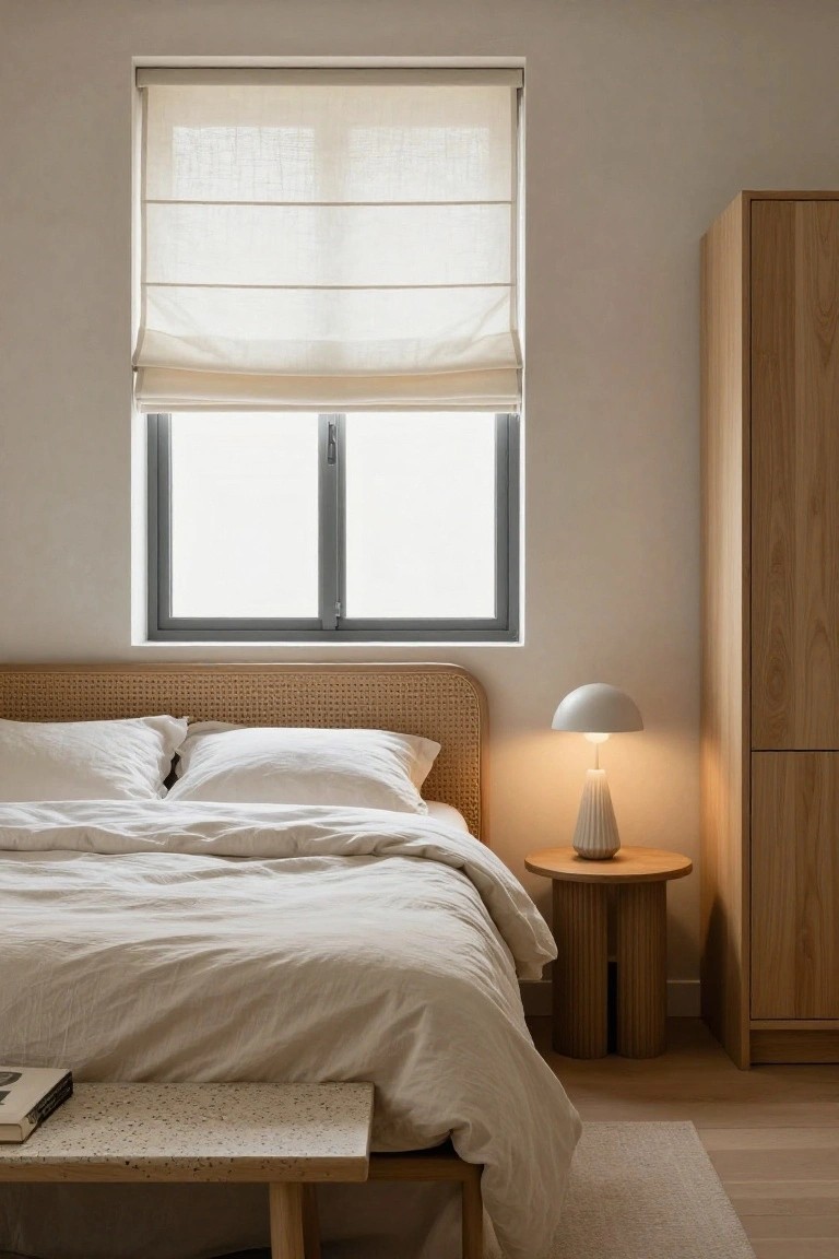 A bedroom with a rattan headboard bed covered in white linens, a lit white lamp on an oak side table next to it, sheer linen roman shades on a window, a wooden wardrobe, and a bench at the bed's foot on light wood floors.
