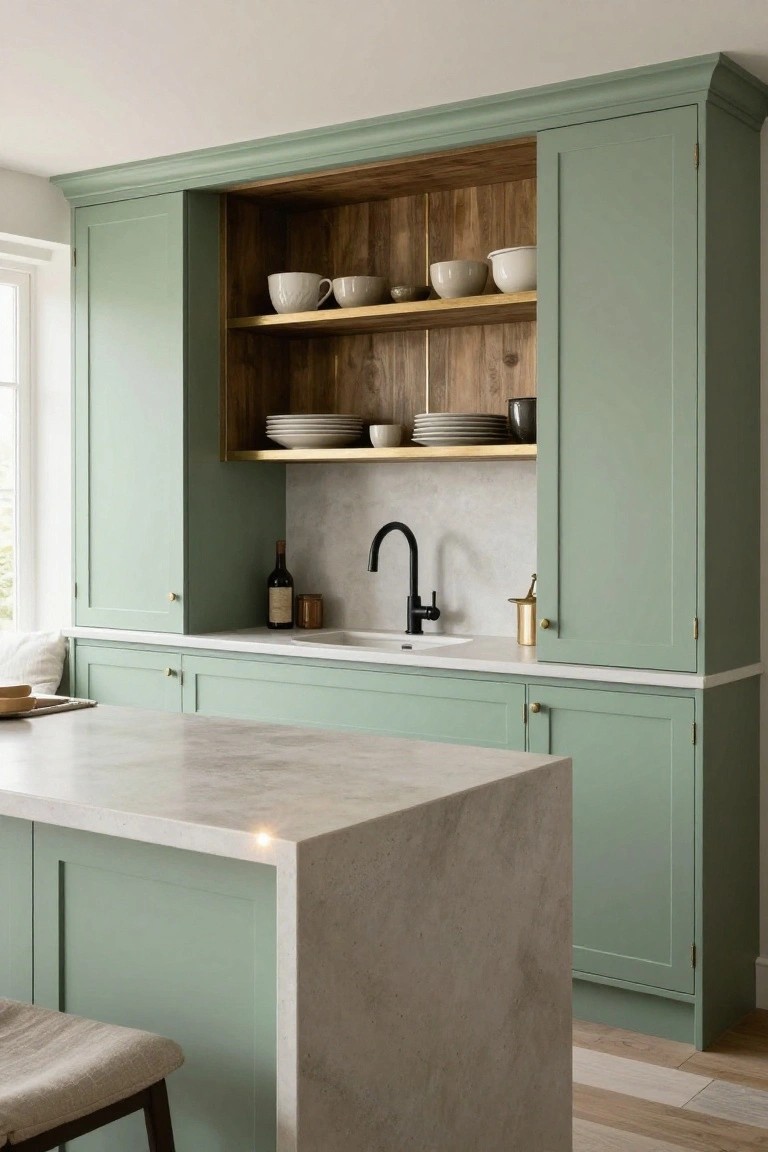Kitchen with tall sage green cabinets, open wooden shelving displaying white dishes, white countertops, black faucet over sink, and a white island with stool.