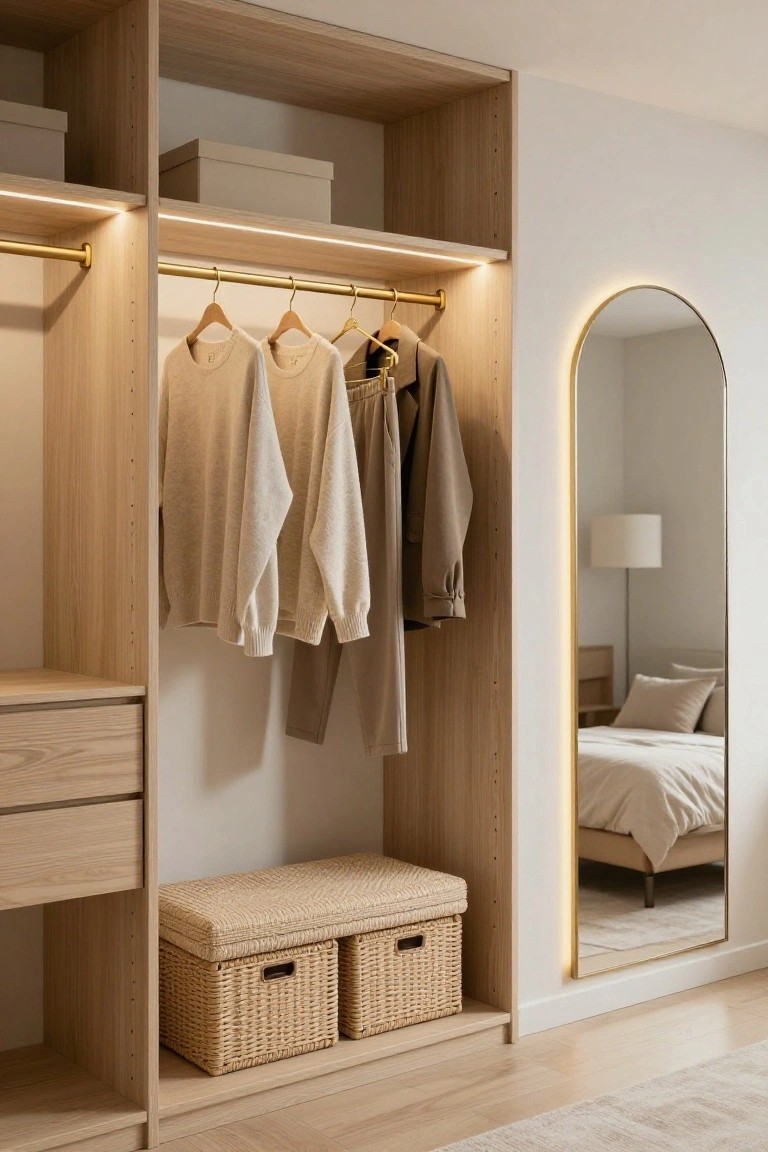 Open light wood wardrobe with hanging neutral clothes, shelves holding boxes, drawers, wicker baskets, a cushioned bench, and a tall arched gold mirror reflecting a bedroom with bed and lamp.