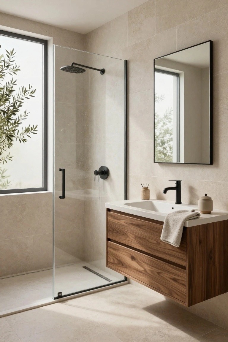 Modern bathroom interior with light beige tile walls and floor, floating wooden vanity cabinet under a white rectangular sink with black faucet, glass shower enclosure next to a large window showing olive branches outside, and a slim black-framed mirror.
