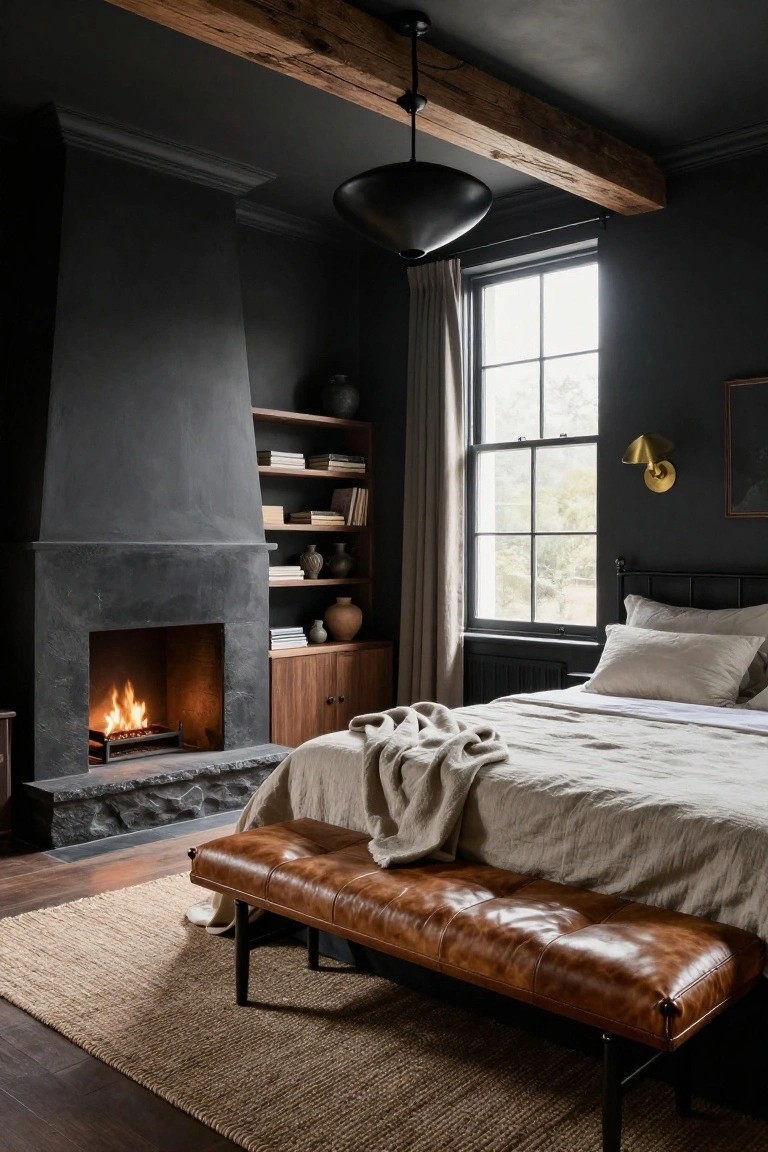 Dark-walled bedroom with tall matte black stone fireplace burning wood, exposed wood beam ceiling, wooden shelves with books and ceramics beside fireplace, black metal bed frame with white linens and throw, brown leather bench at bed foot on jute rug and wood floors.