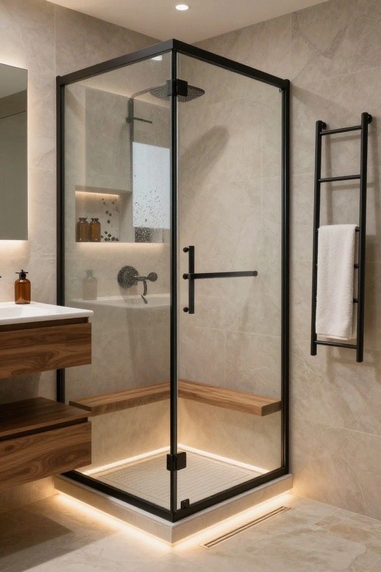 Modern bathroom with black metal framed glass shower enclosure in corner, wooden vanity and bench seat, beige marble-look tiled walls and floor, black towel rail with white towel, and underlit storage niches.