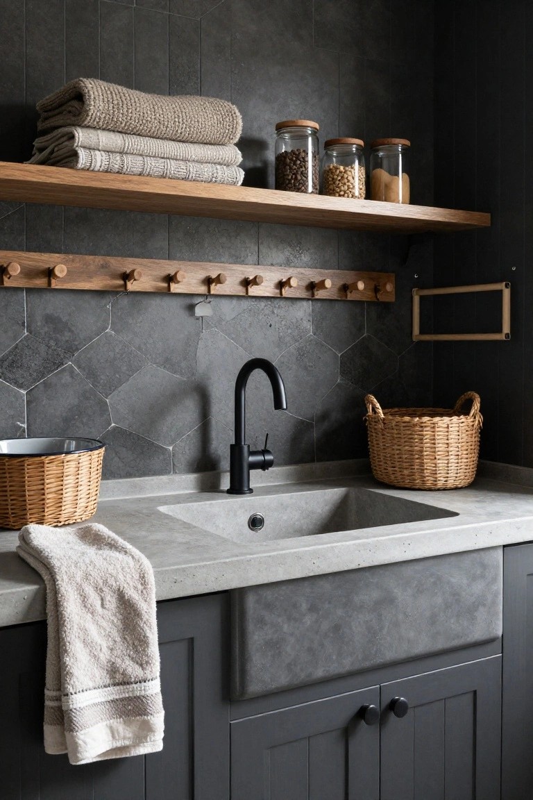 Dark laundry sink area with gray concrete farmhouse sink, black matte faucet, navy blue cabinets below, black hexagon tile backsplash, wooden shelf holding folded beige towels and glass jars above, wooden peg rail, and wicker baskets on the counter.