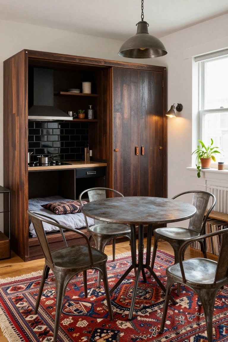 Small interior room with tall dark wood cabinets enclosing a kitchenette featuring black subway tile backsplash, cooktop, and shelves, plus a bed platform, round rusted metal table, four metal chairs, and red patterned rug on wood floors.