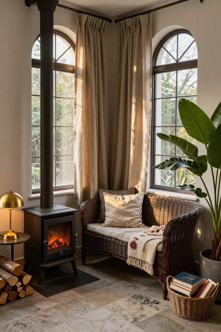 Interior corner with black freestanding wood stove burning, wicker armchair with beige cushions and embroidered blanket, gold lamp on side table, potted palm plant, firewood stack, basket of books, and arched windows with beige curtains.