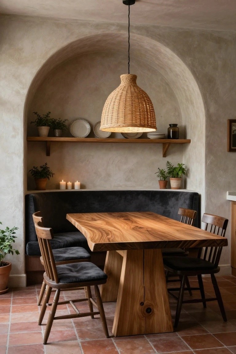 Dining nook with black velvet bench built into beige arched plaster wall niche, live-edge wooden table, wooden chairs, potted plants, shelves with dishes and jars, rattan pendant light, candles, and terracotta tile floor.