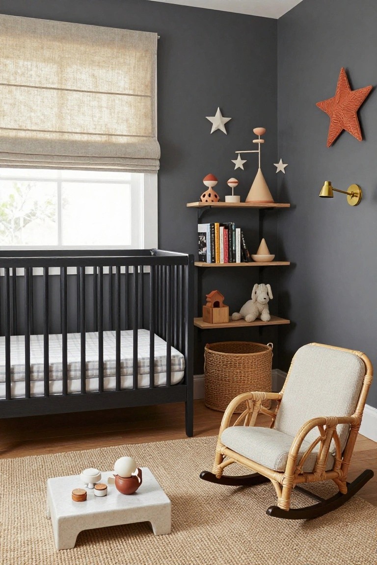 Nursery room with dark gray walls, black metal crib, floating wooden shelves holding books toys and ceramics, rattan rocking chair, low white table with small decorative objects, and beige seagrass rug.