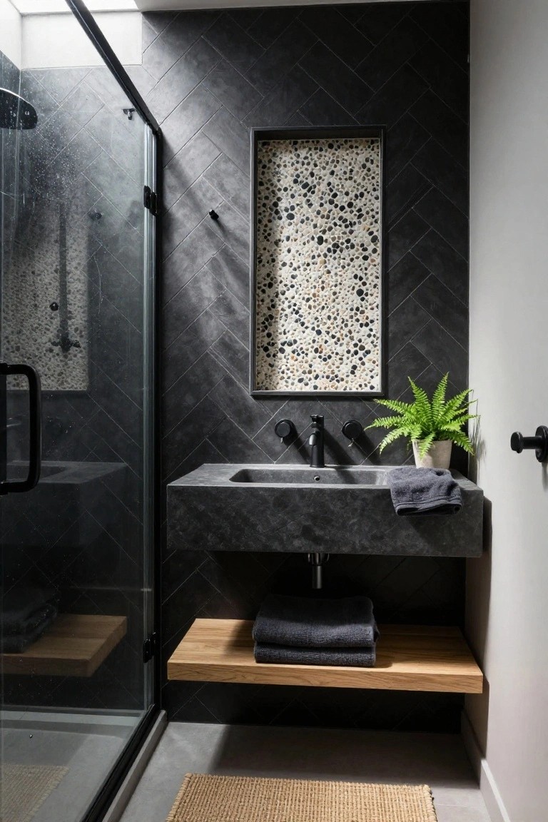 Small modern bathroom with dark slate herringbone tile walls, frameless glass shower enclosure, floating matte black sink on wood shelf, pebble mosaic niche, towels, potted fern, and skylight above.