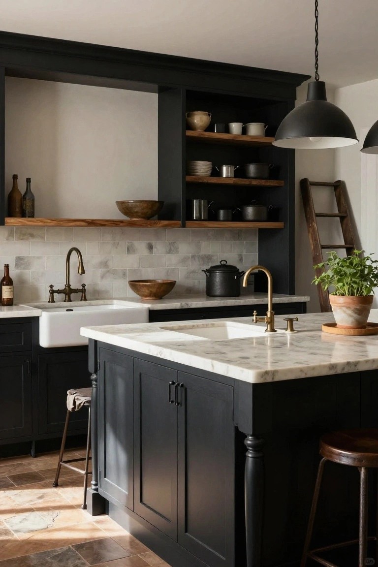 Kitchen with black cabinets, white farmhouse sink, marble island countertop with sink, brass faucets, wood open shelves displaying pottery and cookware, and bar stools.