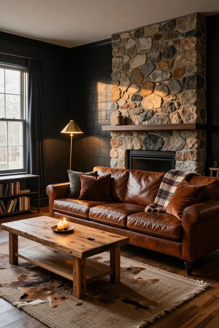 Living room with black walls, tall fieldstone fireplace, brown leather sofa facing a wooden coffee table with candles, cowhide rug, and bookshelves.