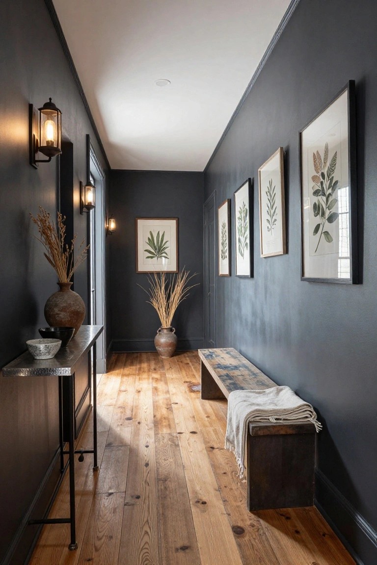 Narrow interior hallway with dark gray walls, light pine wood floors, wall-mounted sconces, botanical artwork, pampas grass in vases, metal console table with pottery, and rustic wooden bench with white throw.