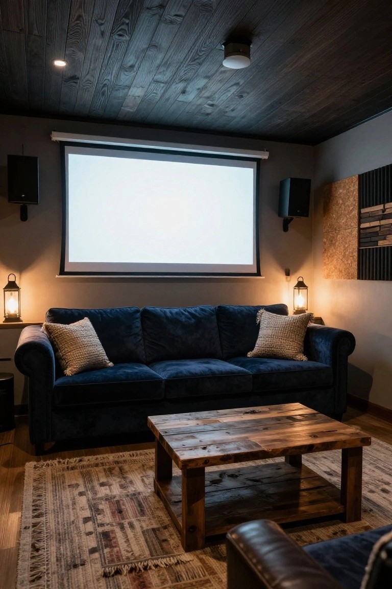 Home theater room with dark wood plank ceiling, projector screen, navy blue velvet sofa, rustic wooden coffee table, patterned rug, and lantern lamps.