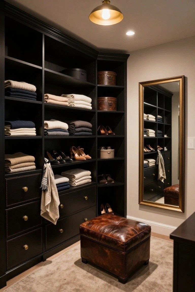Corner walk-in closet with dark wood cabinets, open shelves holding folded clothes and shoes, brass drawer pulls, hanging scarves, gold-framed mirror on wall, and brown leather ottoman on beige carpet.