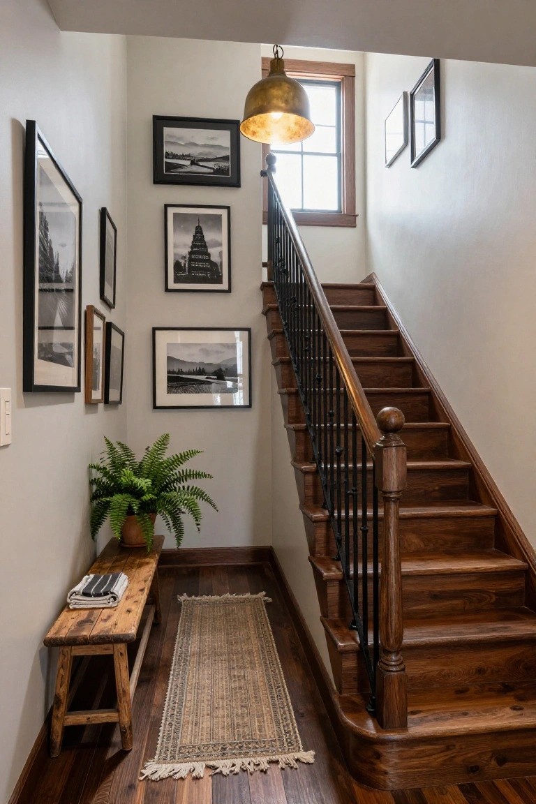 Light gray walls in a staircase nook with dark wood treads and floors, black metal balusters and railing, multiple black-framed black-and-white photographs, rustic wooden bench with folded towel, potted fern plant, and woven runner rug.